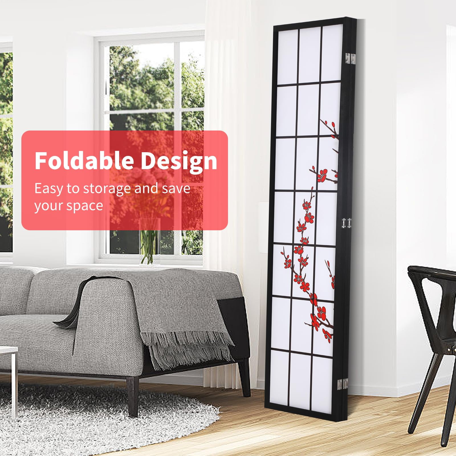 Room Divider 4 Panel Folding Privacy Screen 6Ft Room Partition Shoji Wall Divider Screen Portable Wood Divider for Office, Bedroom, Restaurant, Freestanding