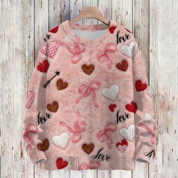 Dwralegc Valentines Sweater for Women Heart Print Casual Sweater Knitted Long Sleeve Lightweight Valentine Fashion Sweater Tops Pink S