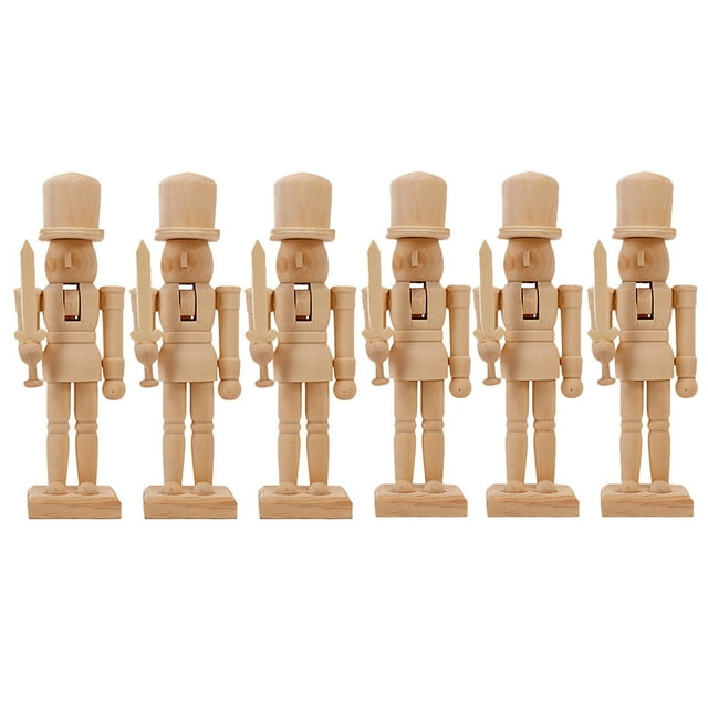 6Pcs 12cm Blank Wooden Nutcracker DIY Christmas Soldier Figurines (Random Style)