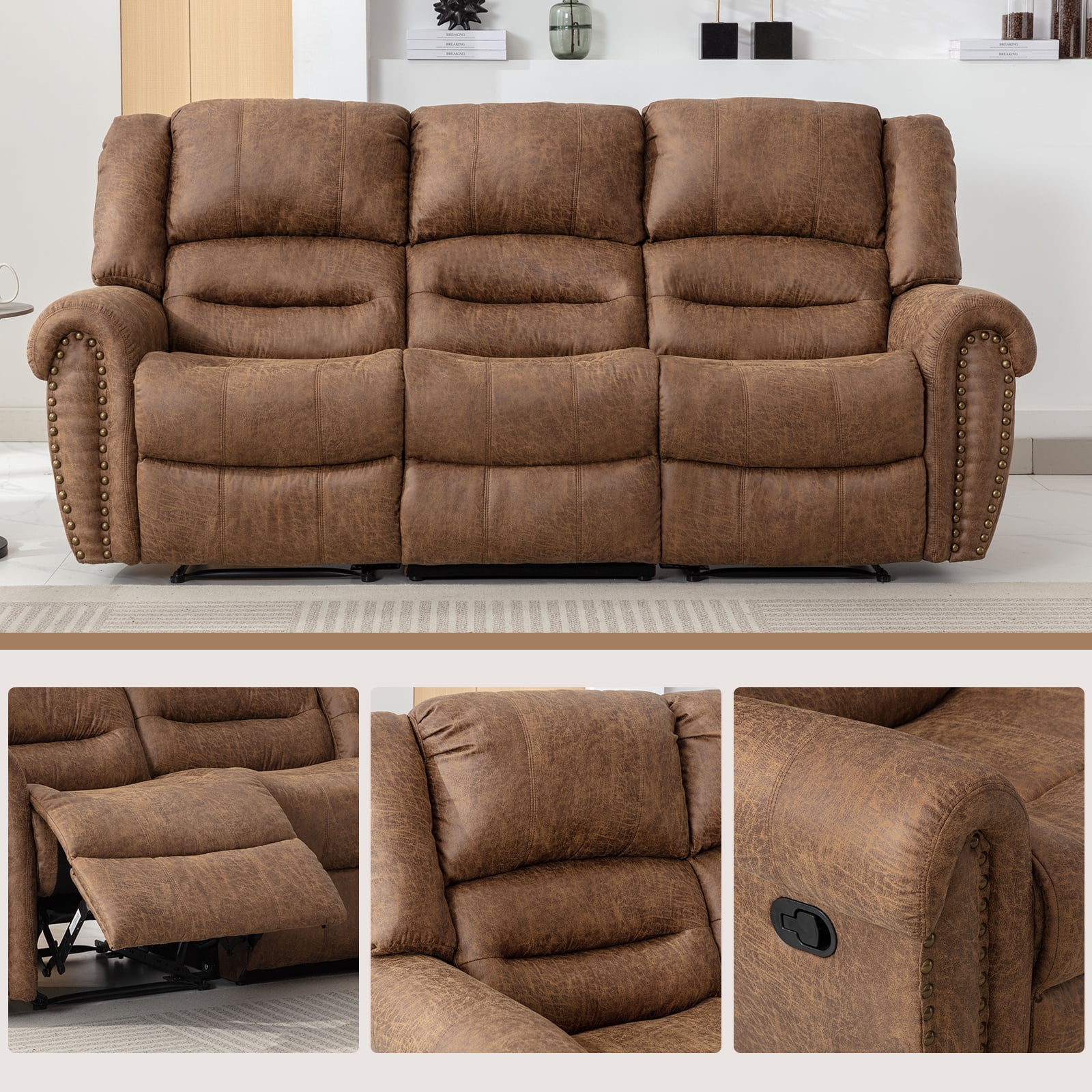 Bonzy Home Manual Reclining Sofa,3 Seat Recliner Couch Sofa with Overstuffed Arms and Back Living Room Sets