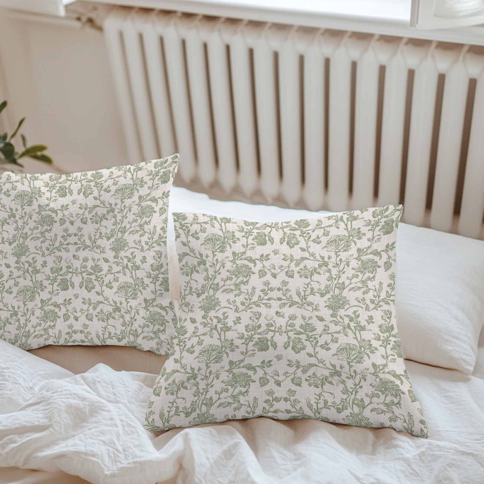 Waterproof Throw Pillow Covers Set of 2, 26x26 Inch Farmhouse Sage Green Decorative Pillowcases Outdoor Pillow Slip Cushion Covers Set for Couch Tent Vintage Flower Leaf Botanical