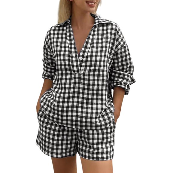 PUMXQ Women Gingham Plaid 2 Piece Matching Short Set Collared Half Button Rollable Long Sleeve Shirt Loose High Waist Shorts with Side Pockets Casual Summer Lounge Sleepwear Outfits Black L