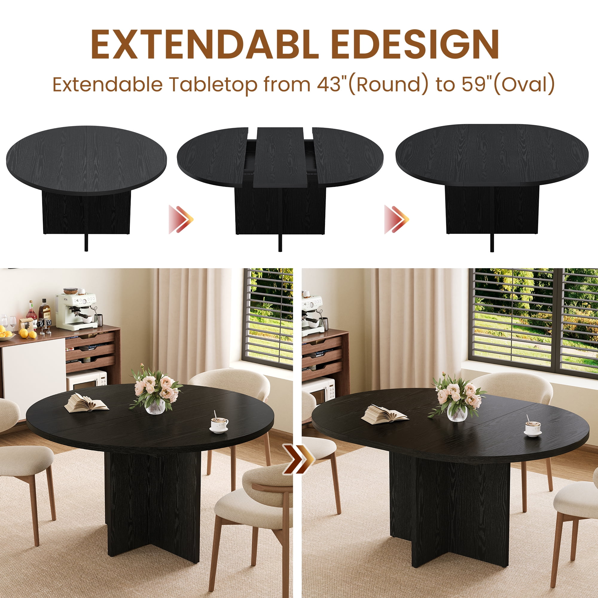 Space-Saving Extendable Round Dining Table for 4-8 – Modern Black Woodgrain, Removable Leaf, Sturdy Cross Wood Base – Woodgrain Black