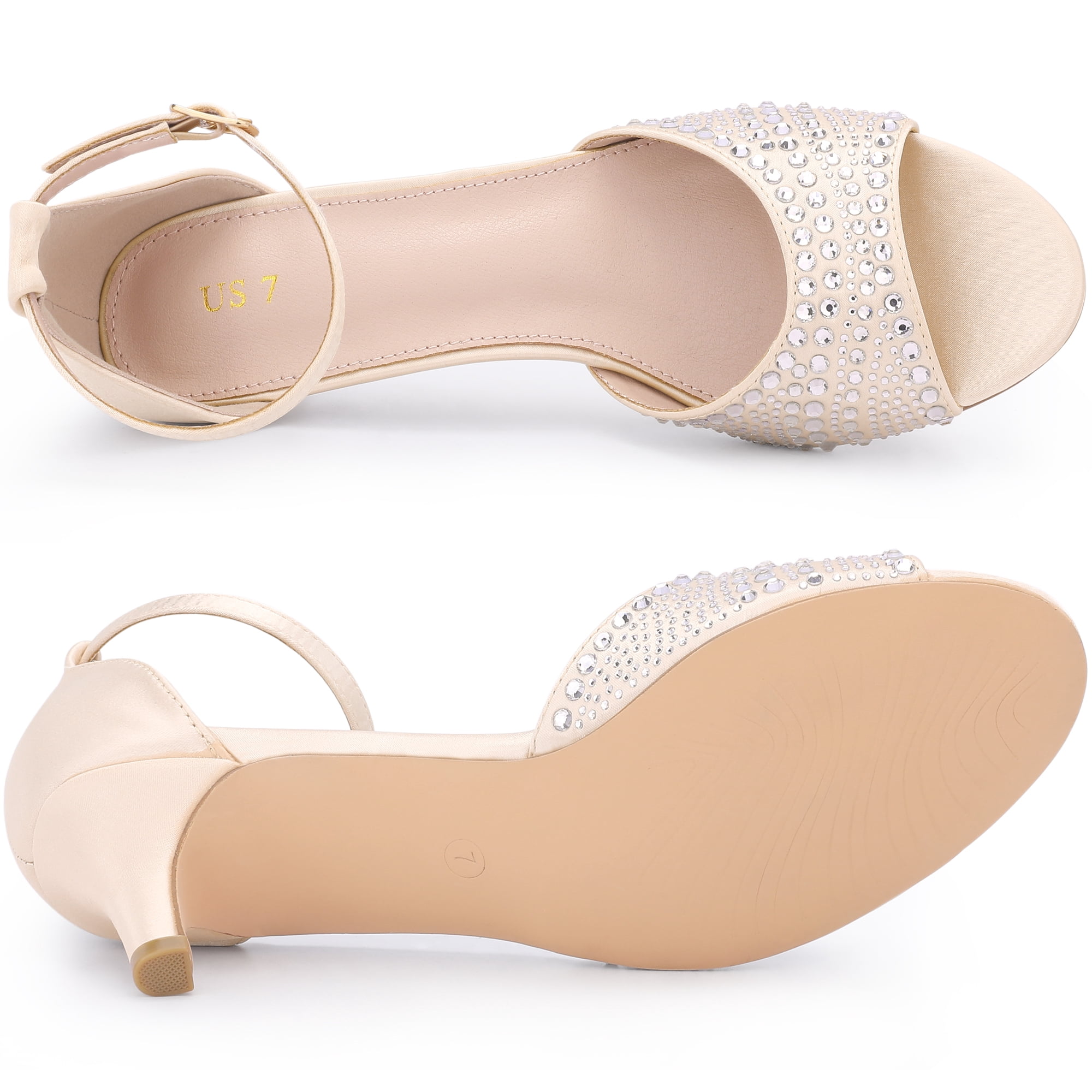 DARING DIVA Women's Rhinestone Ankle Strap Kitten Heel Satin Sandals Champagne 9