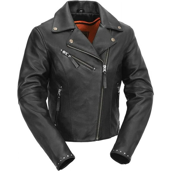 First Mfg Co - Scarlett Star - Women's Motorcycle Biker Riding Black Leather Jacket - Extra Small - Action Back Adjustable Collar Thermal Liner