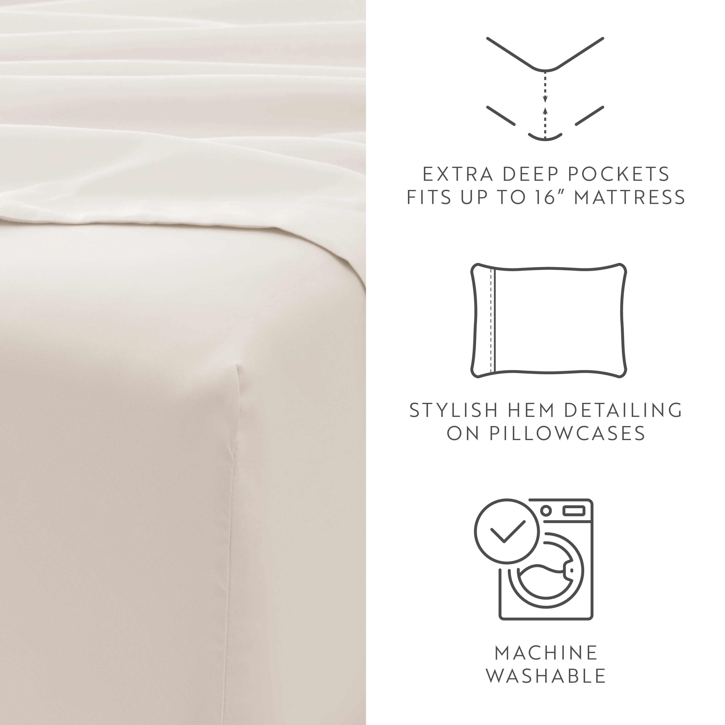 California King, Ivory Solid Microfiber 6 Piece Bed Sheet Set, by Noble Linens