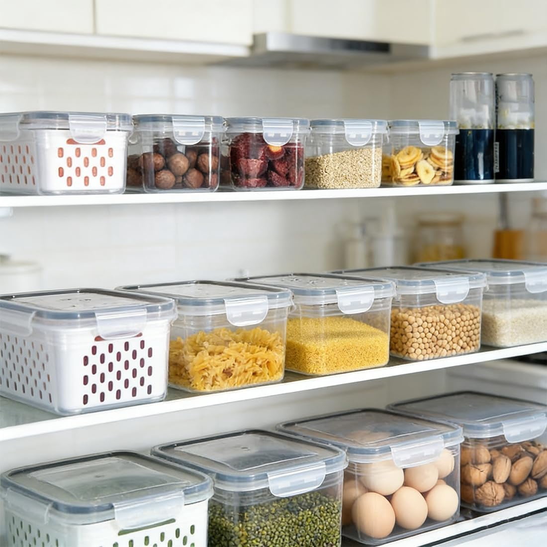 2026 New 4 in 1 Food Storage Container, Fruit Storage Containers for Fridge, Including Drain Basket, Produce Storage Containers with Lid and Strainer (S+M+L)