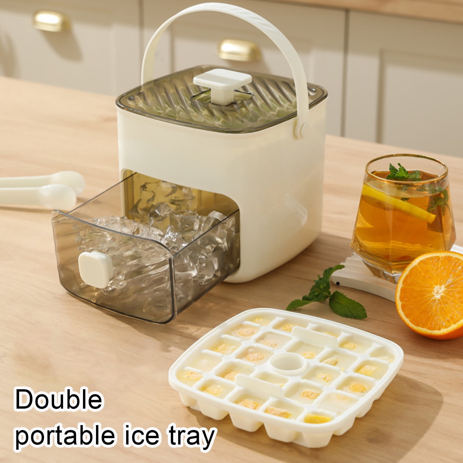 OIUR Ice Cube Tray for Freezer Sphere Ice Mold Maker with Lid And Bin One Button Release Circle Ice Cube Mold Ice Bucket for Whiskey Cocktails