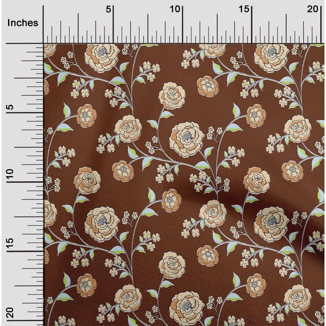 oneOone Polyester Lycra Brown Fabric Leaves & Rose Floral Craft Projects Decor Fabric Printed By The Yard 56 Inch Wide