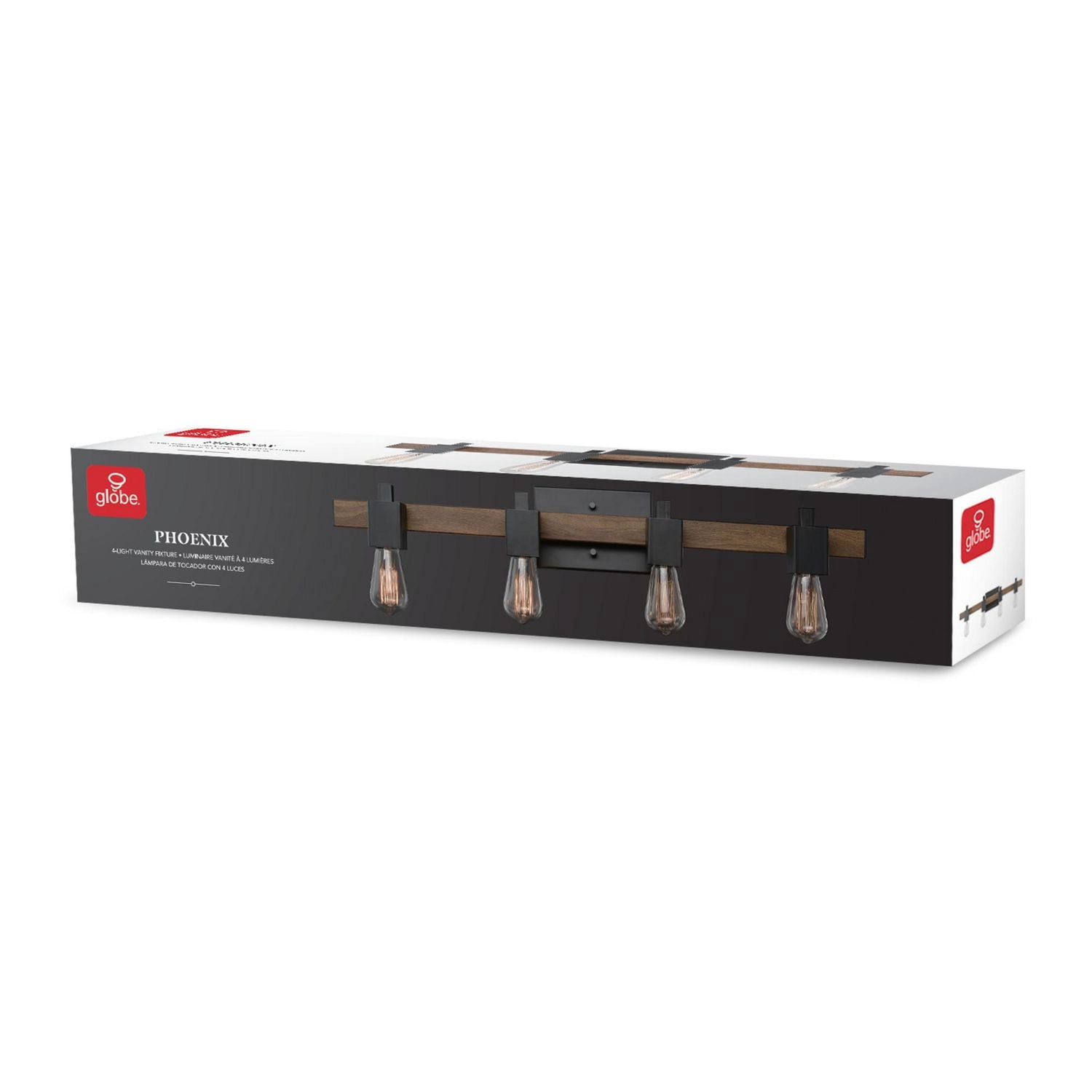 Applique murale en métal à 4 ampoules Phoenix par Globe Electric, noir mat, faux bois foncé, 51717