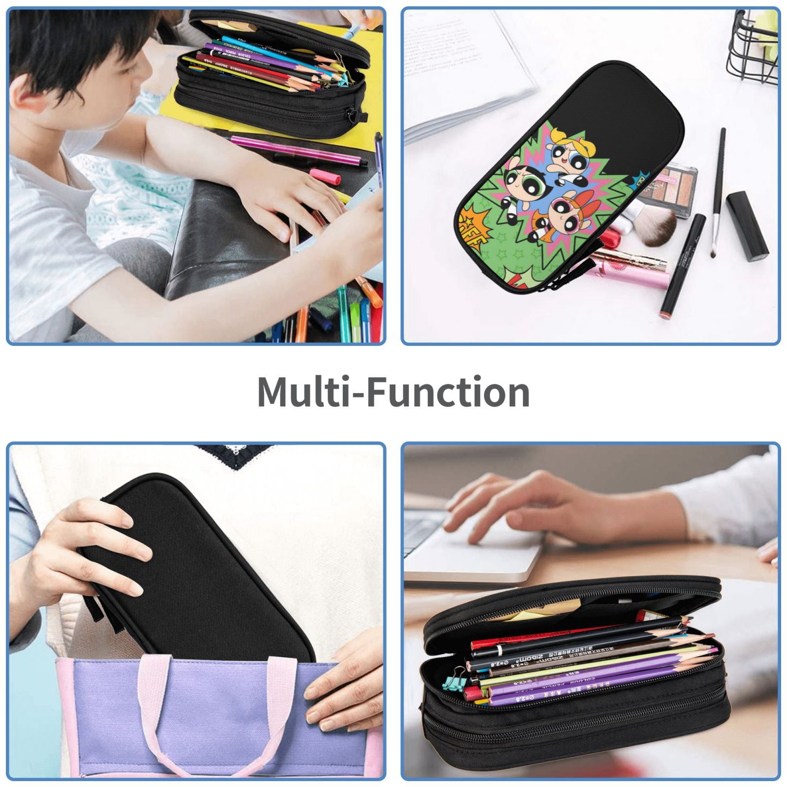 The Powerpuff Gi-rls Pencil Case Large Capacity Pencil Pouch Penbag Office Stationery Organizer Travel Makeup Bag Black