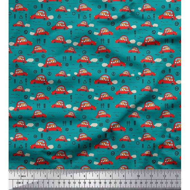 Soimoi Rayon Fabric Car & Owl Cartoon Print Sewing Fabric Yard 42 Inch Wide
