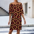 thumbnail image 2 of Looped Hexagons Orange Red Black Women's Off The Shoulder Ruffles Summer Wedding Guest Loose Casual Party Beach Dress, 2 of 9