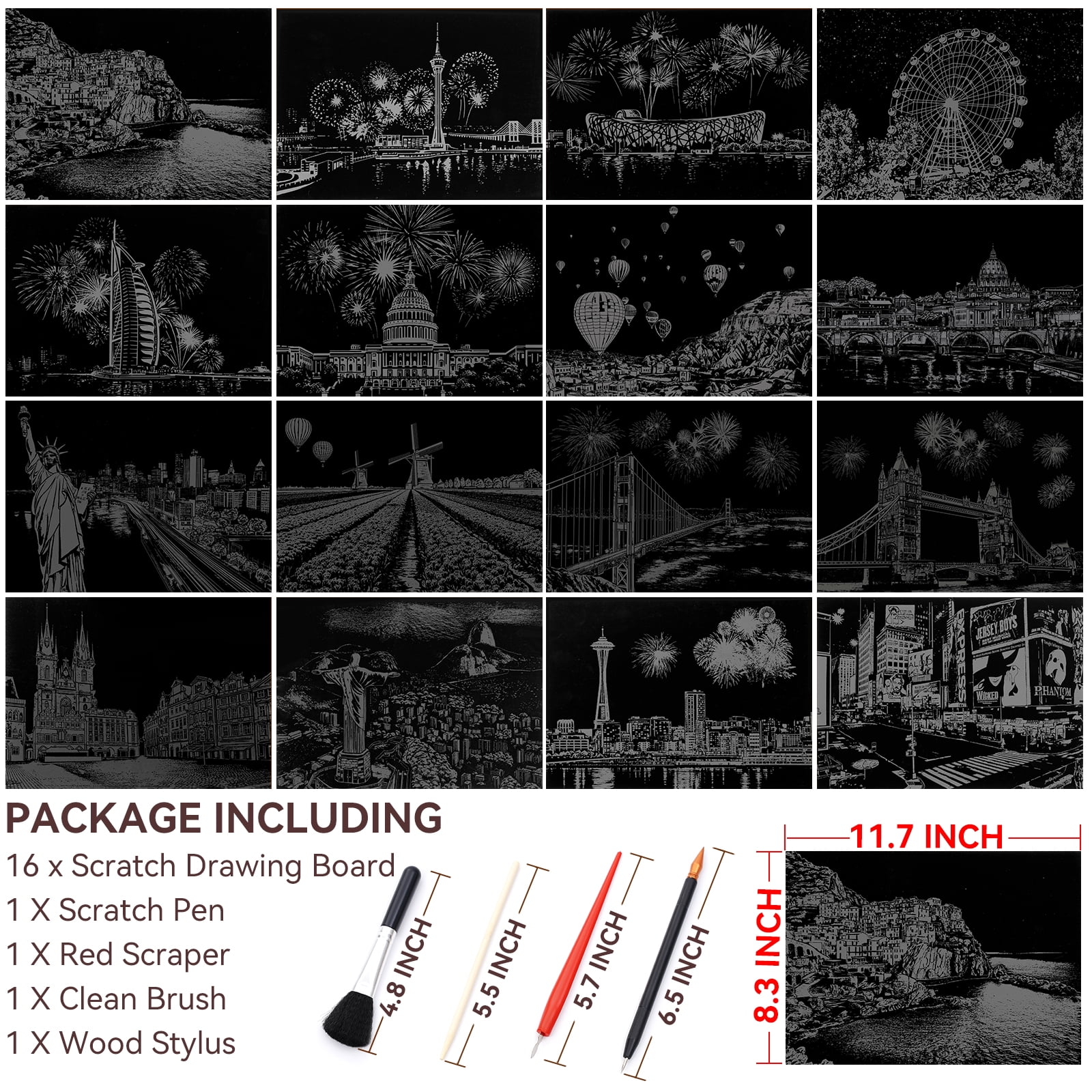 BSHAPPLUS® 16 Sheet Scratch Art Set,A4 Scratch Art Rainbow Painting Paper with Tools for Kids & Adults,Scratch and Sketch Foil Engraving Art Set for DIY Arts and Crafts Kits Christmas Birthday Gift