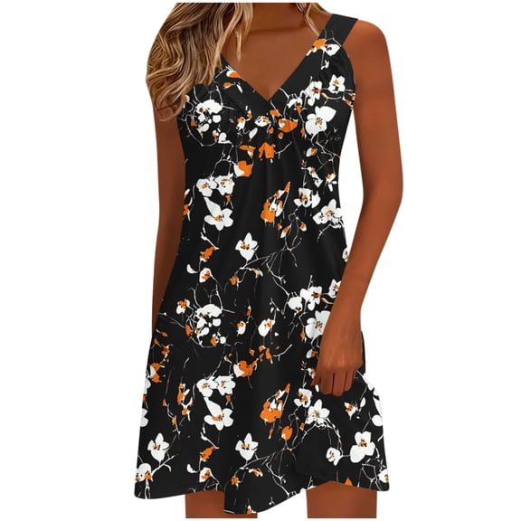 Hvot&aat Women's Vintage Floral Print V-Neck Tank Dress Boho Sleeveless A-Line Elegant Dresses Summer Vacation Beach Casual Dress