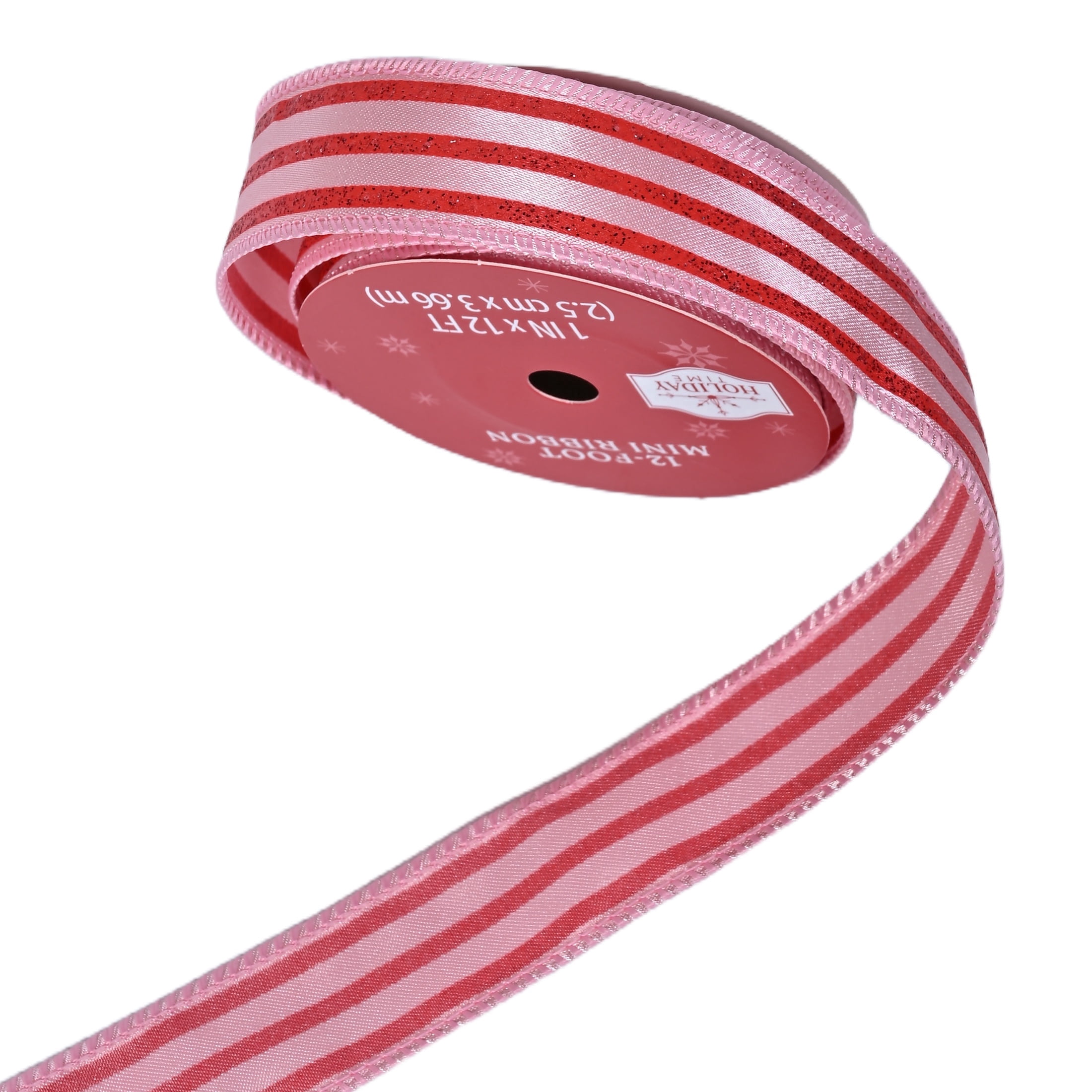 Pink and Red Glitter Striped Mini Christmas Ribbon, 1" x 12', by Holiday Time