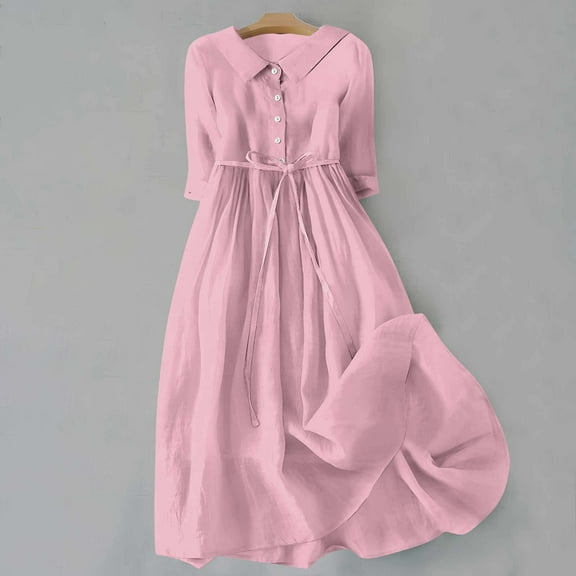 Meichang Cotton Linen Dresses for Women Solid Lapel Button Midi Dresses 3/4 Sleeve Tie Waist A Line Dresses Flowy Pleated Casual Dresses Pink M