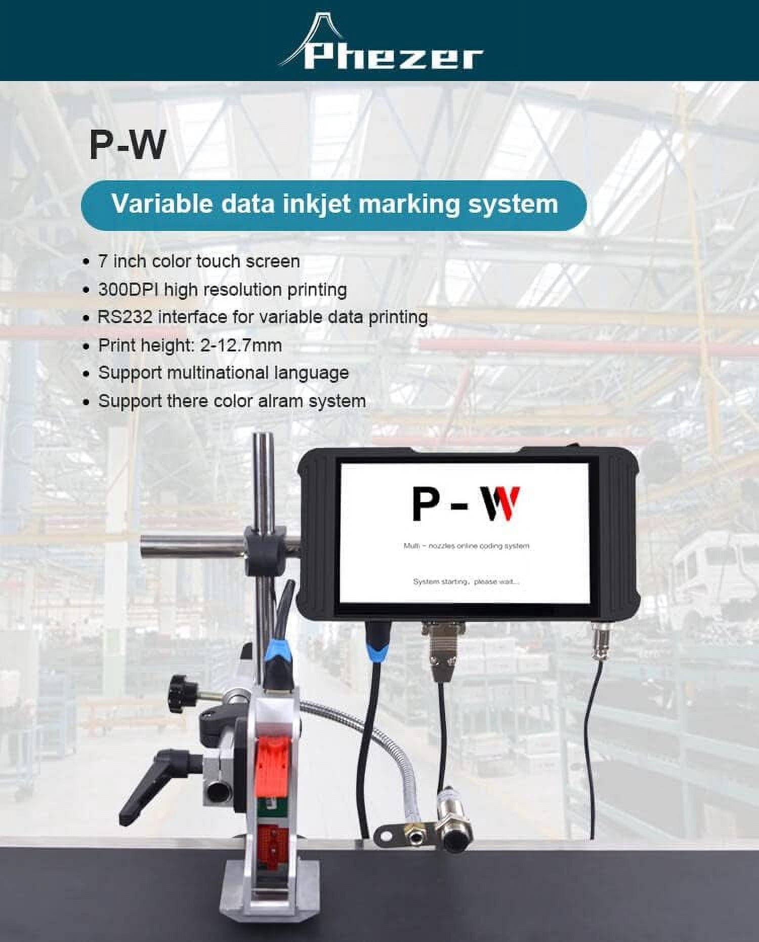 Phezer 0.5inch/12.7mm Automatic Inkjet Coding Machine for Production Line, 23 Languages, Intelligent Variable Data/Date/Logo/Barcode/Image Thermal Inkjet Printer, (1 Nozzle Support, 0-70M/min)