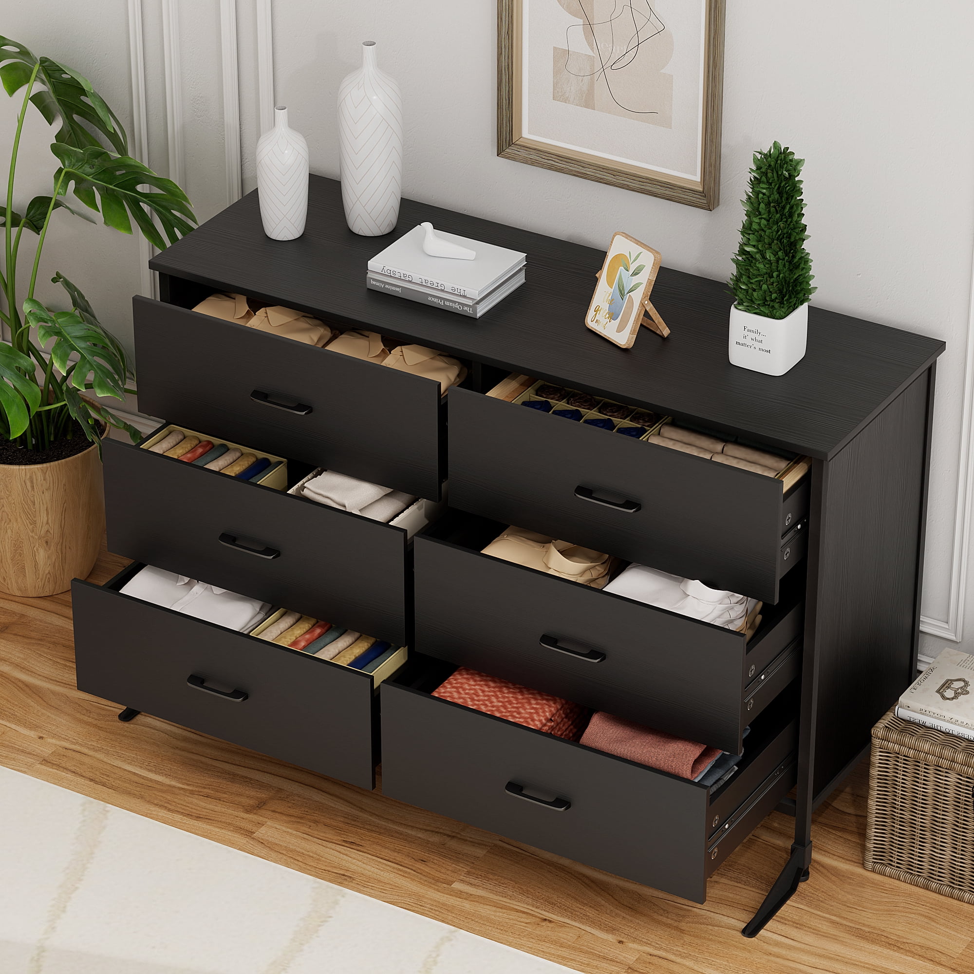 Slevoo 47.3" 6 Drawers Dresser for Bedroom, Living Room & Hallway, Chest of Dressers with Steel Wood Frame, Black
