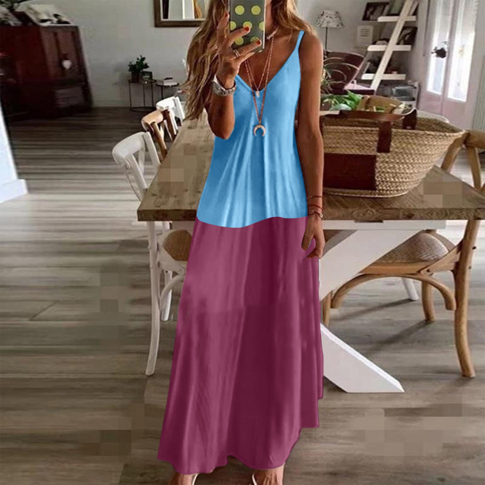 LaziesBoy Dresses for Women Casual Women's Gradient V Neck Long Maxi Dress Sleeveless Plus Size Summer Party Cami Long Dress 