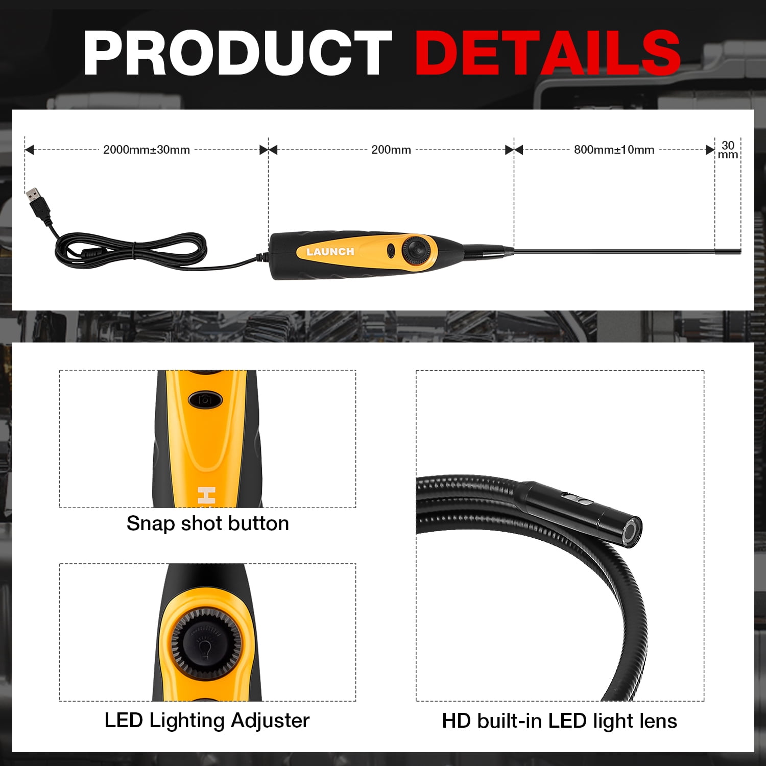 LAUNCH VSP-600 Borescope 6 Adjustable LED Lights Endoscope Inspection Camera Multi-Scenarios IP67 Waterproof Suit for LAUNCH X431 Scanners and Android Mobile PC