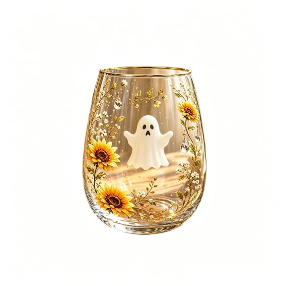 Cute Ghost Sunflower Stemless Wine Glass, Gold Rim Floral Ghost Print Clear Glass Cup, Fall Halloween Decorative Tumbler for Coffee Juice Wine Home Party Gift