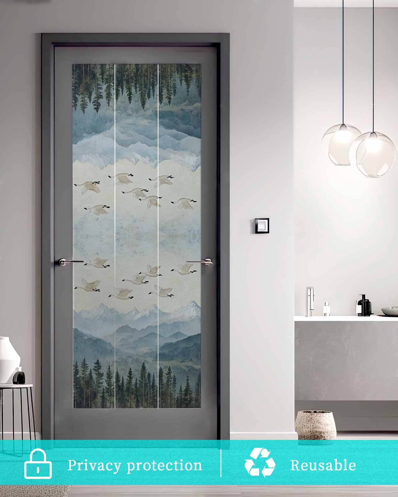 Window Privacy Film Watercolor Landscape Stained Glass Window Film Decorative Sun Block Window Cover Retro Geese Forest Mountain Window Clings Static Adhesive Sticker for Bathroom 23.6"x59"