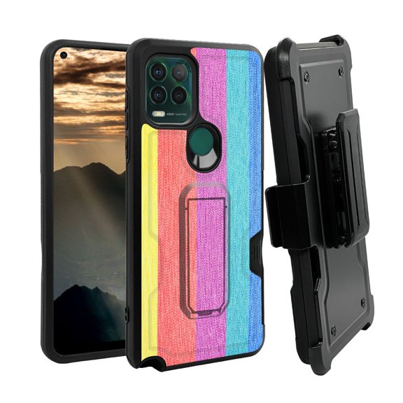ANJ  Rugged Shockproof Holster Case w/Card Slot, Kickstand   Tempered Glass for Motorola Moto G Stylus 5G - Pastel Bars