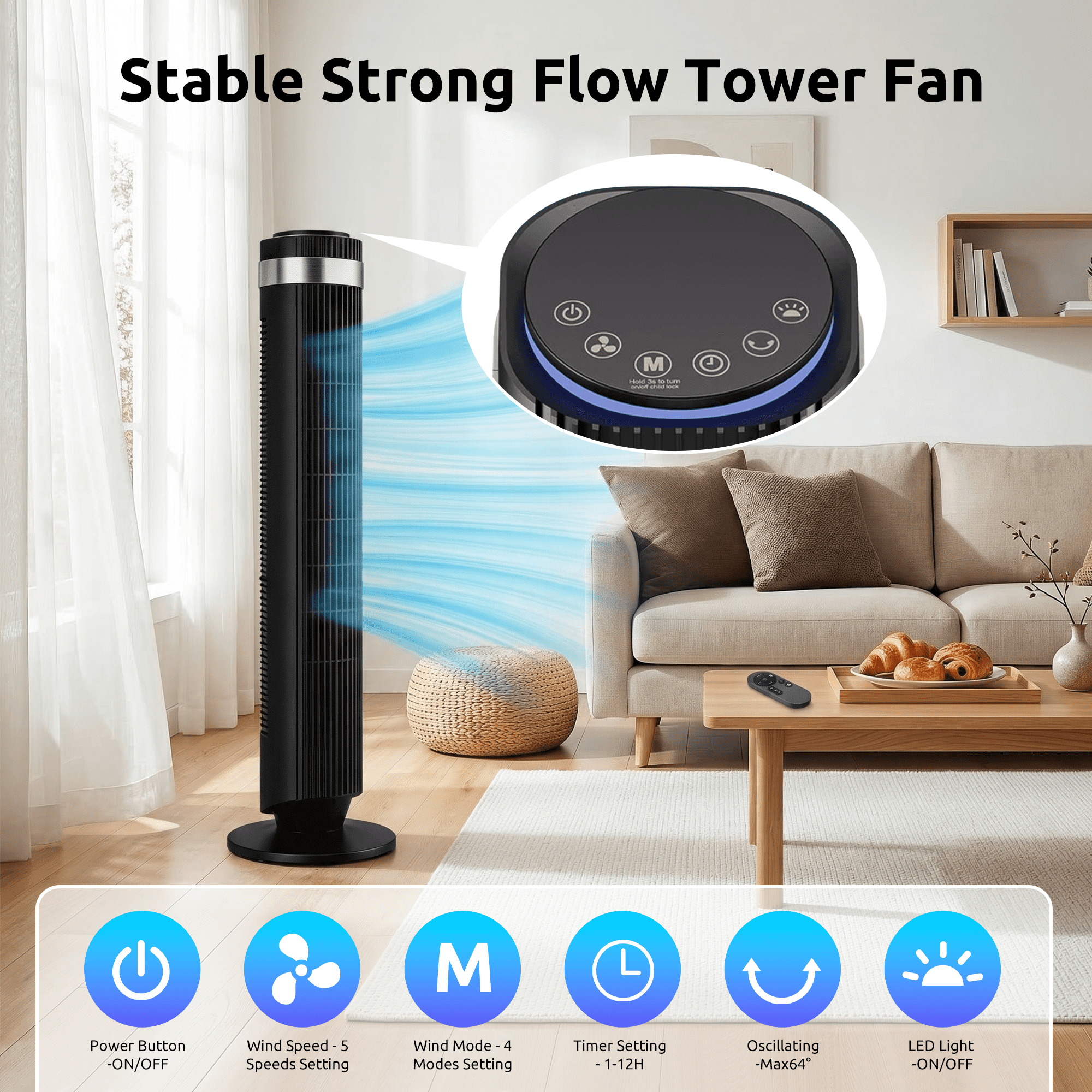 Blazezo Tower Fan With Remote, 64° Oscillating Bladeless Cooling Fan, 28dB Quiet Standing Floor Fan for Bedroom Home Office, 5 Speeds 4 Modes 12H Timer
