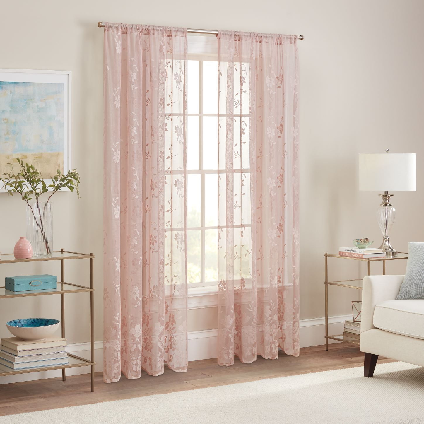 Waverly Sherry Floral Lace Sheer Rod Pocket Curtain Panel, Blush, 54 x 63