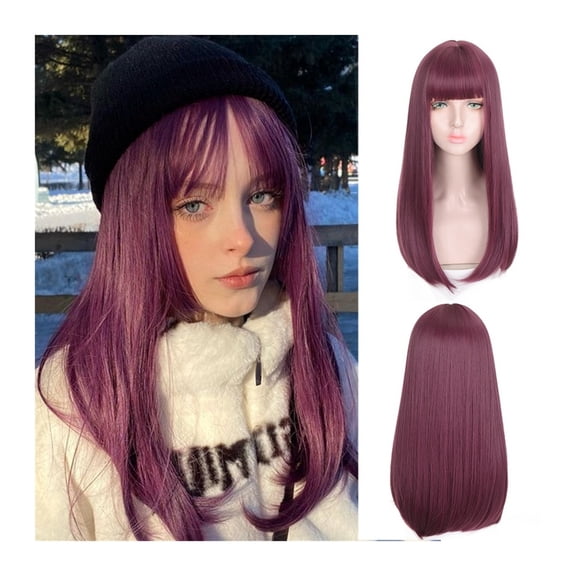 Long Silky Straight Hair Synthetic Wig with Bangs, Burgundy Wigs with Bangs, Natural Looking Heat Resistant Synthetic Wig for Daily Party Cosplay