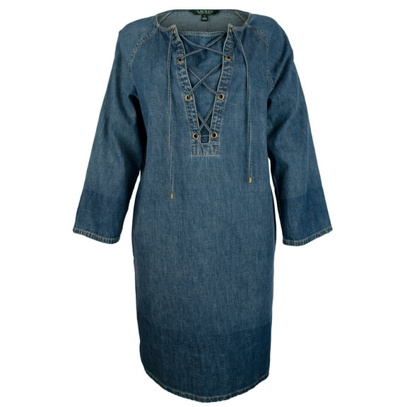 Women's Petite Lace-Up Denim Cotton Shift Dress-CW-PXS