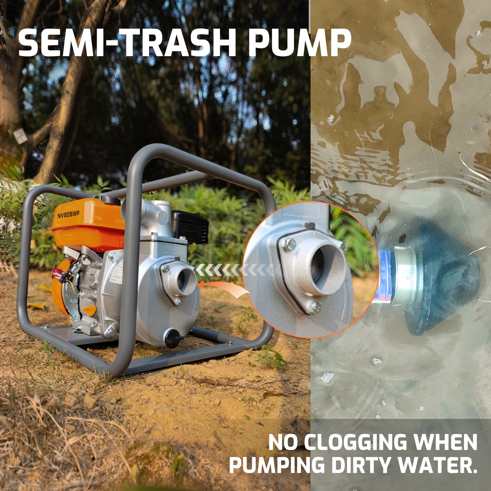 NOVUS Semi Trash Pump 2 inch, Gas Powered Water Pump for Pond Pool Draining Gardening Irrigation 141 GPM 100ft Lift 23ft Suction, EPA Certified