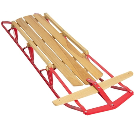 Best Choice Products 53in Kids Wooden Winter Snow Sled Sleigh Toboggan for Outdoor Play w/ Metal Runners, Flexible Steering Bar, 220lb Capacity - (Best Sleds For Kids)