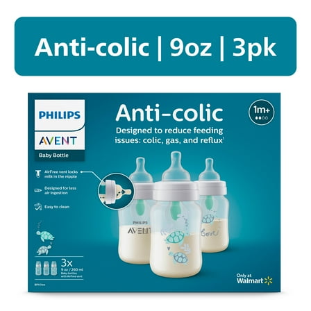 Philips Avent Anti-colic Baby Bottle with AirFree Vent with Turtle Design, 9oz, 3pk, SCY703/78