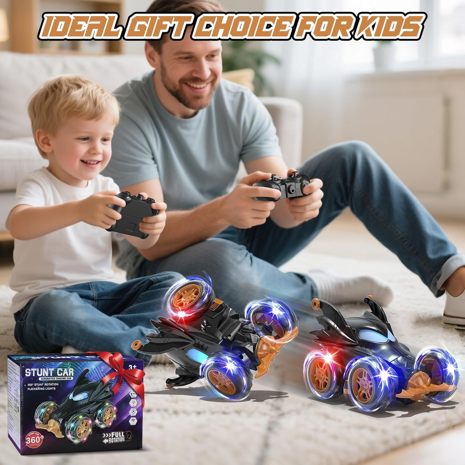 Bat Remote Control Cars for Boys 4-7, 2.4Ghz Rechargeable RC Stunt Car with Cool Lights Toys Gift for Boys Age 4 5 6 7 8 Year Old Outdoor Toys