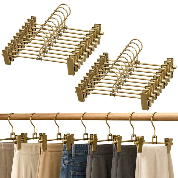 20 PCS Golden Pants Hangers, Sliding Skirt Hangers, Metal Pants Hanger with Adjustable Clips, Non-Slip Protective Pads for Trousers Slacks Jeans Scarf, Sturdy Space Saving Closet Storage