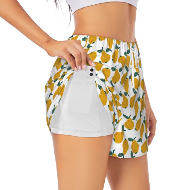 Balery Yellow Pears Pantalones cortos deportivos para mujer con forro y dos bolsillos, elásticos, para entrenamiento, gimnasio, yoga-XX-Large