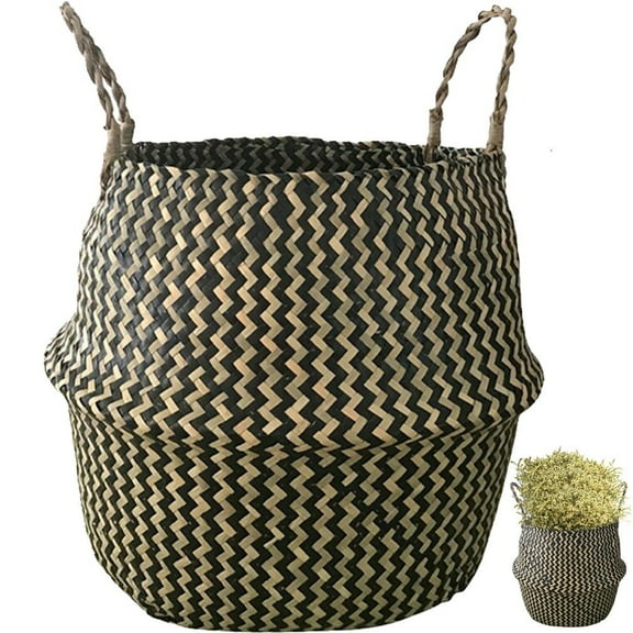 Straw Baskets Storage Natural Seagrass Woven Plant Pot Laundry Storage Belly Basket with Handle Laundry Basket