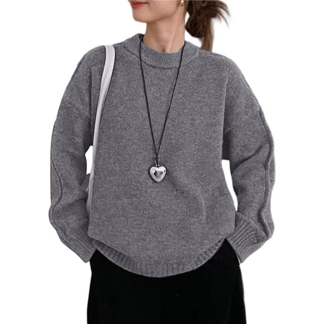 Suéteres de Cuello Redondo para Mujer, Larga, Holgados, Informales, para Otoño Gris Talla Única
