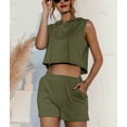 thumbnail image 3 of Defitshape Women's Short 2 Piece Outfits Summer Sleeveless Crop Tops Tracksuit Comfy Pocket Drawstring Army Green 14, 3 of 4