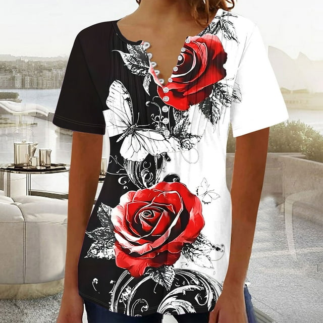 Lydiaunistar Women's Plus Size Spring Printed V-Neck Button Up Casual Short Sleeve Top for Home & Daily Wear Black