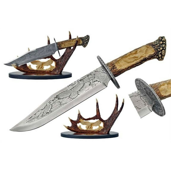 SZCO Supplies 15.25" Eagle Etched Blade Knife with Stag-Style Handle and Resin Antler Display – Brown