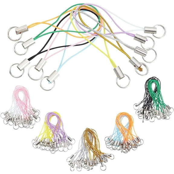 100Pcs 10 Colors Phone Keychain Strap Sliver Tone Split Ring Cords Colorful Polyester Cellphone Charms Lanyard String