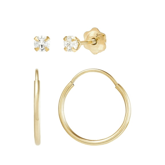 Brilliance Fine Jewelry Girls Cubic Zirconia Studs and 12MM Endless Hoop Earrings Set in 10K Yellow Gold