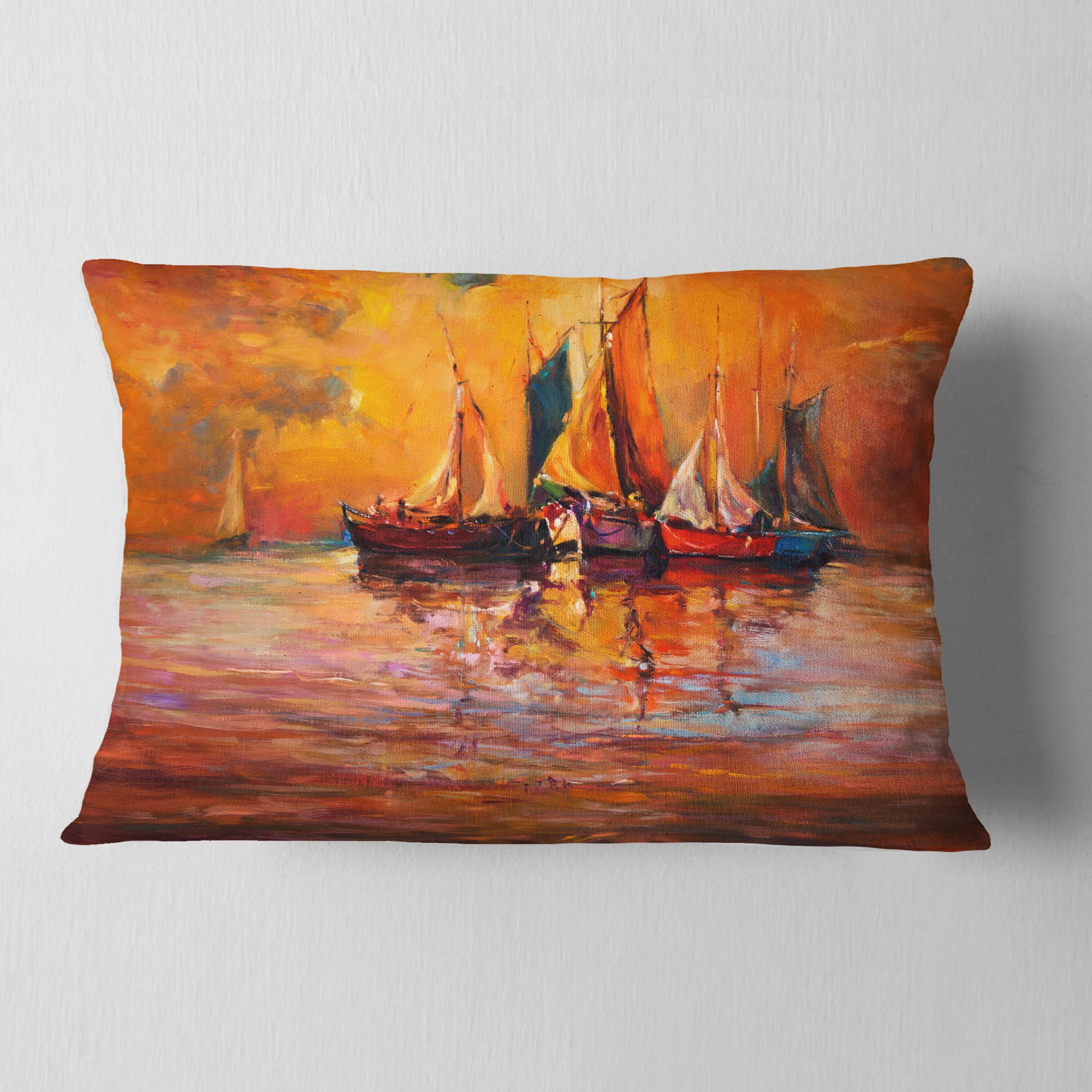Designart Boats and Ocean in Red - Seascape Throw Pillow - 12x20