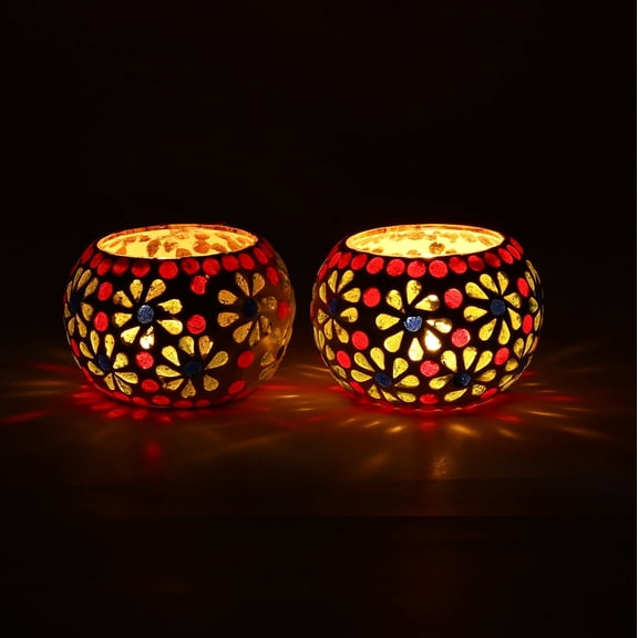 Multicolour Mosaic T-light Holders – Set of 2