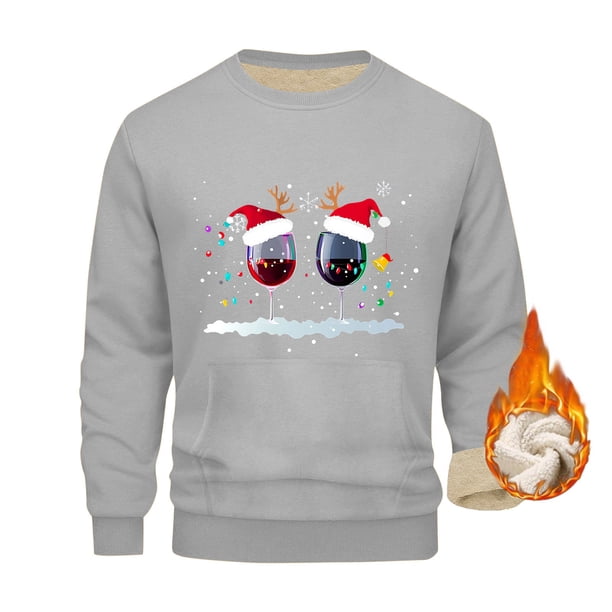 Blusas y camisas de cuello redondo y manga larga para hombre, blusa de poliéster con estampado navideño de copa de vino y terciopelo.