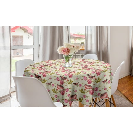 

Floral Round Tablecloth Rhythmic Singing Birds Rose Flowers Leaves on Pastel Colored Backdrop Circle Table Cloth Cover for Dining Room Kitchen Decor 60 Cream Pink by Ambesonne