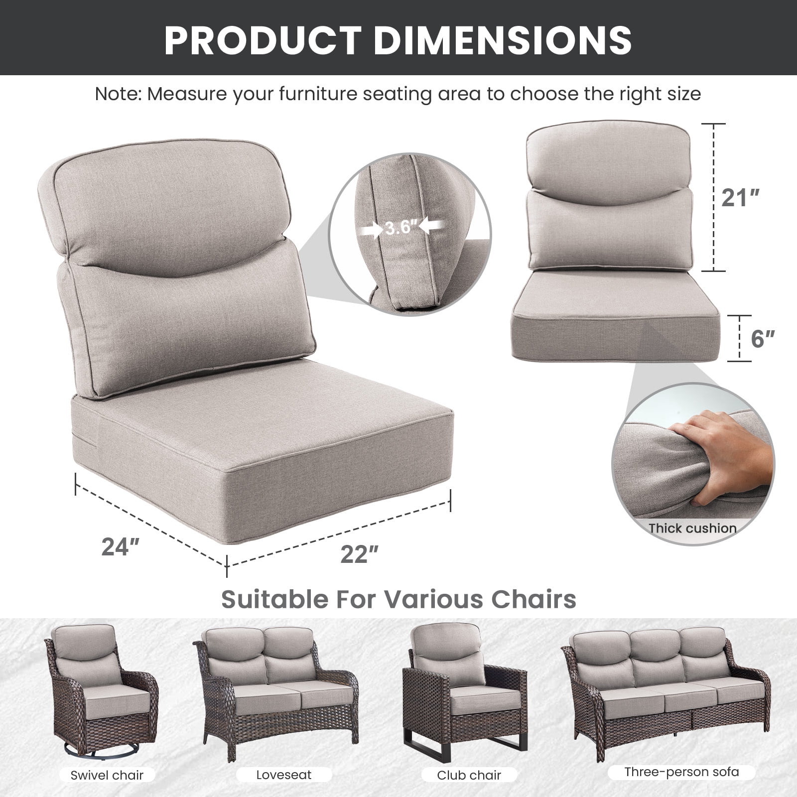 Bellefurn Outdoor Seat Cushions 22 X 24 X 6 inch for Patio Furniture,Outdoor Chair Cushions Outdoor Deep Seat Cushion with Water Resistant & Removable Cover Patio Cushions for Wicker Chair,Sofa,Couch